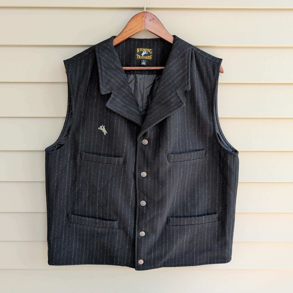 Wyoming Traders Vest Mens L Black Pinstripe Virgin Wool Western Snap Front